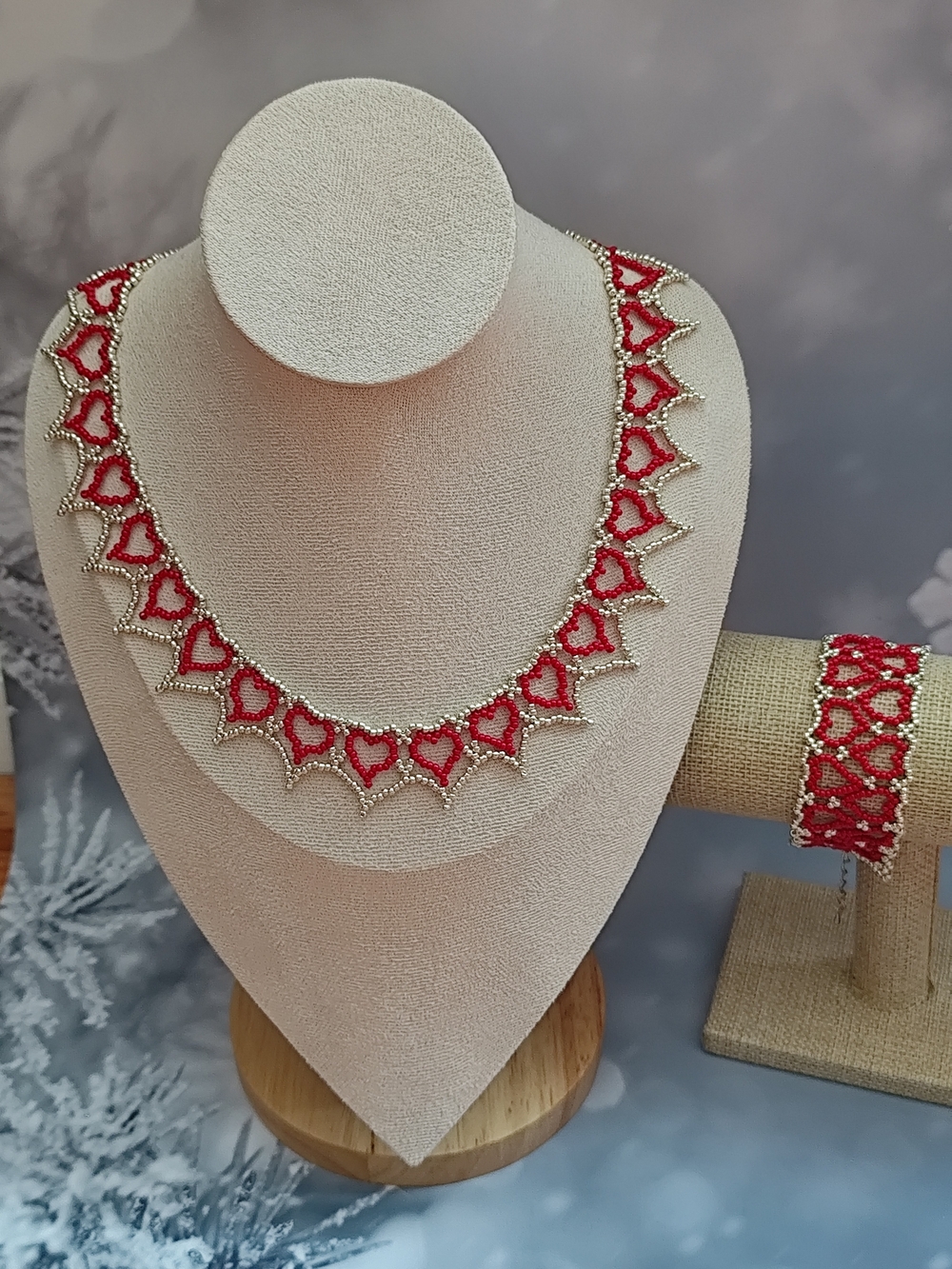 Handcrafted Red Beaded Heart Necklace and Bracelet Set
